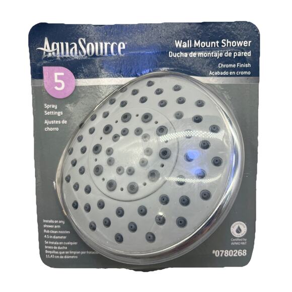 Aquasource Shower Head Wall Mount 5 Spray Patterns, Chrome, #0780268. {107}. - Picture 1 of 10